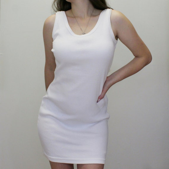 Vintage 90s Ribbed Tank Dress by Express Tricot White Bodycon Dress 