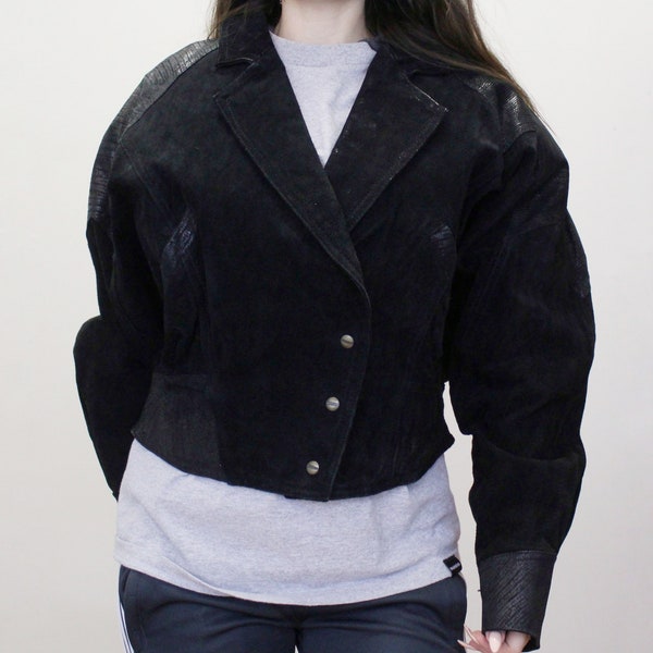 Vintage 80s Leather Suede Jacket by G-III Leather Fashions - G III Black Suede Crop Jacket