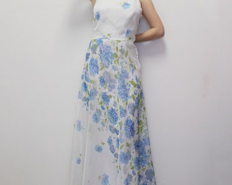 Vintage 70s Floral Prom Dress! Elegant Pastel Hydrangea Cottagecore Prom/Wedding Dress- Blue Sheer Floral 70s Prom Dress
