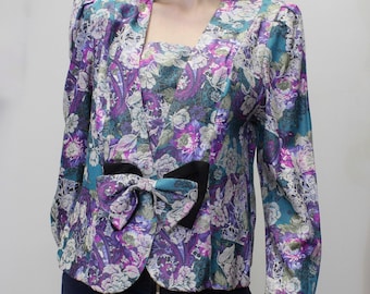 Vintage 80s Floral Blazer Top with Bow Buttons by Franky B Blazer