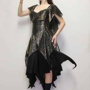 Vintage 80s Fairy Party Dress Gold & Black Hanky Hem Fairycore Prom Dress by Nuance - vintage nuance blk sparkle dress