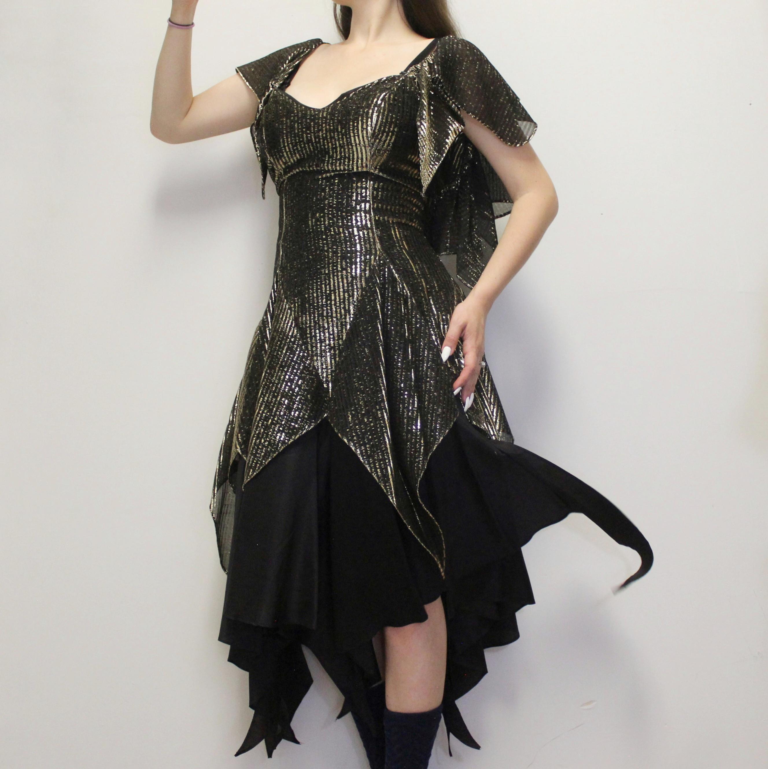 Vintage 80s Fairy Party Dress Gold & Black Hanky Hem Fairycore