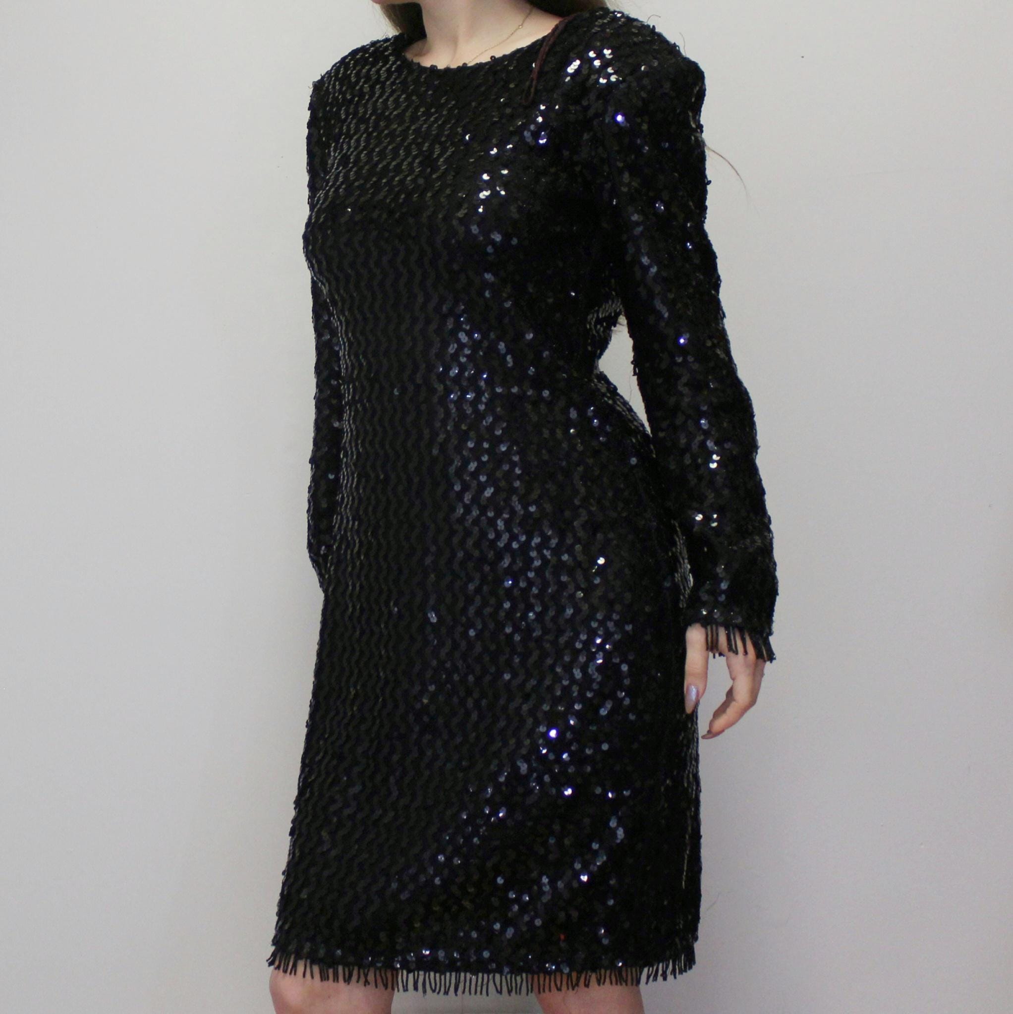 Vintage 80s Formal Dress Black Sequin Cocktail Dress with Long Sleeves and Open back by Glenrob Ltd. Vintage 80s Formal Dress Black Sequin Cocktail Dress with Long Sleeves and Open back by Glenrob Ltd.