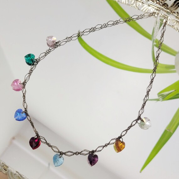Vintage 20s Glass Heart Necklace Multicolor Facet… - image 10