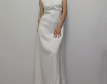 Vintage 70s White Boho Wedding Dress Empire Waist Column Maxi Dress