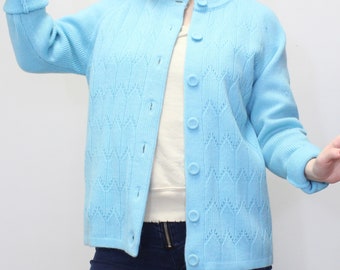 Vintage 60s Blue Knit Cardigan - Teal Cardi Vintage