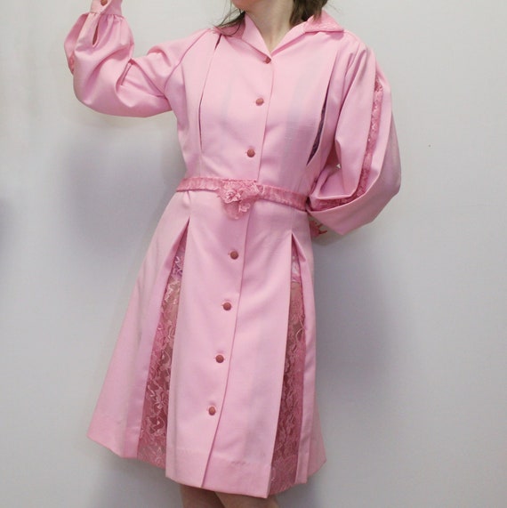 Vintage 70s Button up Pink Lace Dress with Matchin