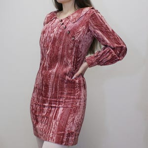 Vintage 60s Mod Mini Dress Pink Collared Crushed Velvet Shift Dress With Asymmetrical Detail Valentines Babydoll from Petites by Suzy-