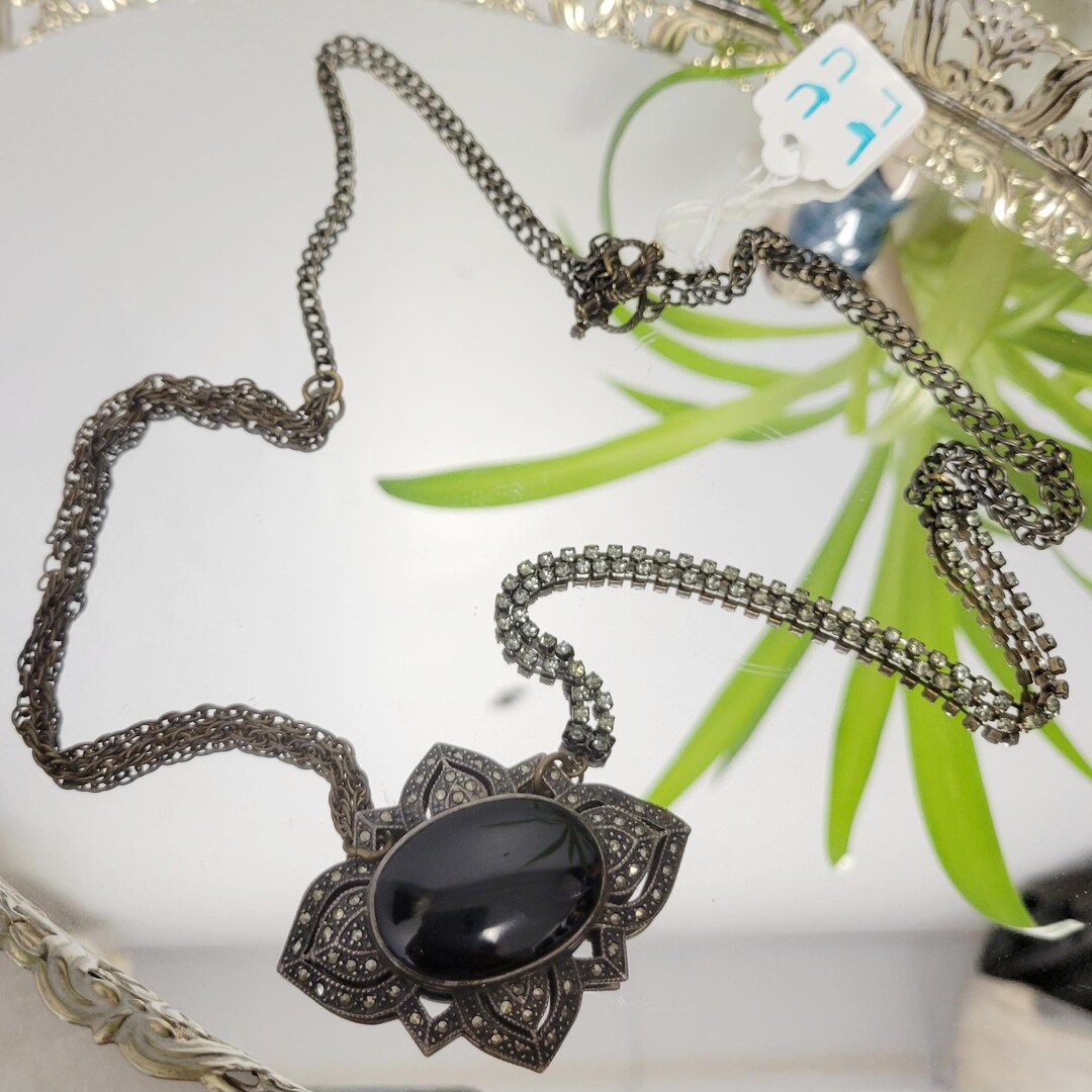 Vintage 40s Sterling Silver Faux Onyx Marcasite Pendant