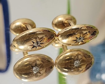 Vintage Victorian Gold Cufflinks with Bean Back Star Engraving and Diamond? (European Cut)