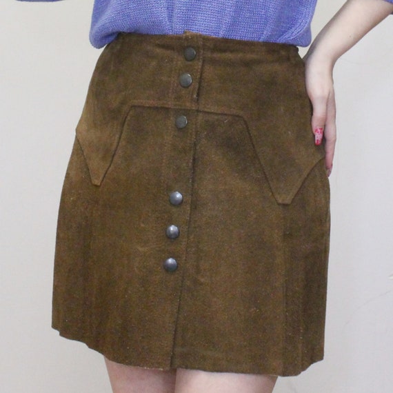 Vintage 60s Suede Mini Skirt Brown Western Boho Sn