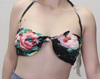 Vintage 80s Deadstock NWT Bikini Top Retro Tie Tropical Floral Bandeau Top with Detachable Strap From Sun Club by Catalina