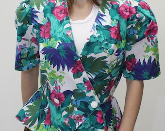 Vintage 70s Funky Tropical Colorful Short Sleeve Peplum Top by Jodi Michaels