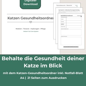 Könnte beinhalten: Ein digitaler A4 Katzen-Gesundheitsordner mit mehreren ausdruckbaren Seiten, darunter ein medizinischer Datensatz, Tierarztbesuchs-Übersicht, Symptomprotokoll und Notfallinformationen. Das Dokument enthält Text auf Deutsch und ein Pfoten-Symbol.