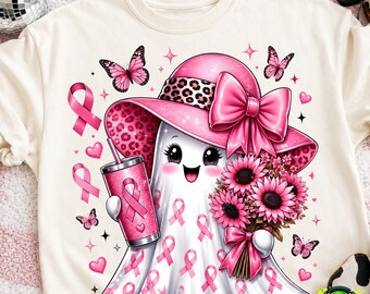 Breast Cancer Ghost PNG, Pink Ribbon Halloween PNG, Cute Boo Awareness Sublimation Design, Survivor Support Digital Download