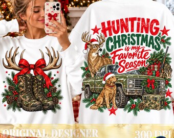 Hunting Christmas PNG, Hunting Season Christmas Shirt, Deer Truck Dog PNG, Camo Christmas Sublimation, Outdoorsman Holiday Design