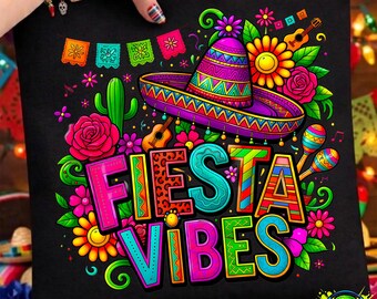 Fiesta Vibes PNG Bundle, Cinco de Mayo Sublimation Design, Colorful Mexican Party Clipart, Sombrero Piñata Graphic, Fiesta Mama Bow Art
