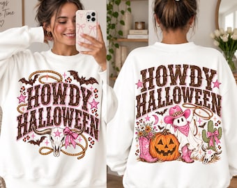 Vintage Howdy Halloween PNG, Pink Western Cowgirl Ghost Sublimation Design, Front and Back Shirt Graphic, Haunted Digital Download