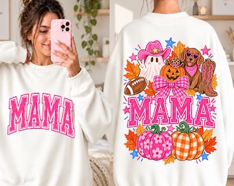 Trendy Fall Mama PNG, Pink Western Coquette Cowgirl Ghost PNG, Front and Back Design, Vintage Autumn Shirt, Halloween Digital Download