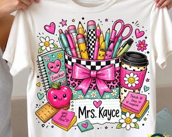 Personalized Teacher PNG Leopard Teacher Shirt Design School Supplies Custom Name Sublimation Back to School Digital Download PNG