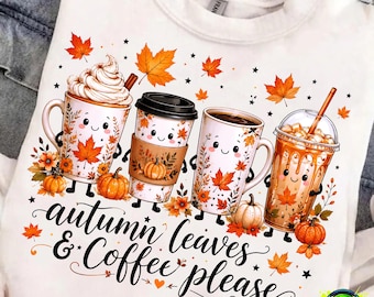 Autumn Leaves & Coffee Please PNG, Fall Ghost Drink Design, Cute Halloween Coffee PNG, Cozy Autumn Sublimation, Digital Download