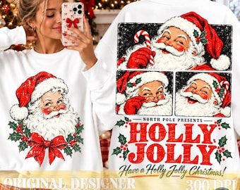 Holly Jolly PNG, Retro Santa Front and Back Design, North Pole Christmas Clipart, Vintage Holiday Sublimation, Festive Shirt Design
