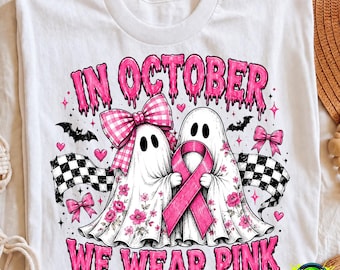 Breast Cancer Awareness Pink Ghost PNG, In October We Wear Pink, Boo Sheet Pink Ribbon, Halloween Patchwork Design