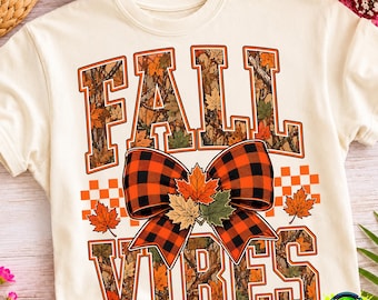 Fall Vibes PNG Pumpkin Autumn PNG Camo Fall Leaves Design Orange Checkerboard PNG Thanksgiving Shirt Sublimation Digital Download