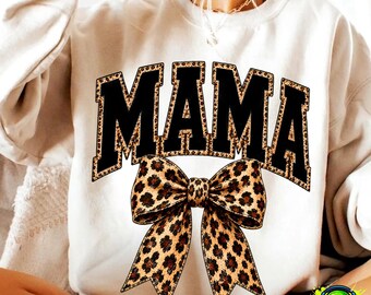 Mama Leopard Coquette Bow PNG, Retro Varsity Mama Shirt Design, Mothers Day Sublimation PNG, Trendy Leopard Print Mama Graphic