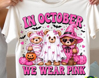 Funny Bears Breast Cancer PNG, Pink Bougie Ghost Halloween, October We Wear Pink, Awareness Ribbon Digital Design