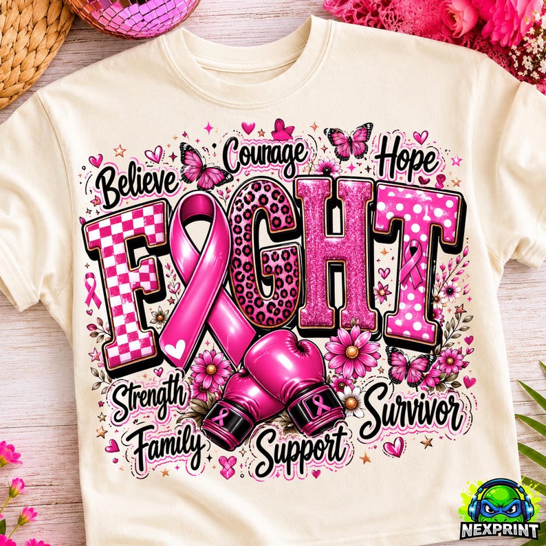 May include: A cream-colored t-shirt featuring a graphic design with the word FIGHT in large pink letters, a pink awareness ribbon, and boxing gloves. The design includes butterflies, flowers, hearts, and the words Believe, Courage, Hope, Strength, Family, Support, and Survivor.