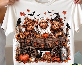 Funny Halloween Highland Cow PNG, Spooky Highlander Cow Fall Sublimation Design, Cute Pumpkin Western Cow Graphic, Trendy Autumn PNG