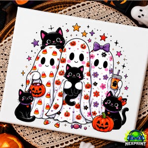 May include: A white canvas print featuring three ghosts and four black cats. The ghosts are decorated with candy corn, pumpkins, and flowers. One ghost holds a pumpkin bucket, another holds a drink, and one cat is held by a ghost. Stars surround them.