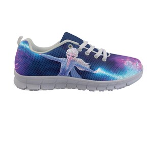 May include: Blue athletic shoe featuring a cartoon image of a character from the movie Frozen. The shoe has a white sole and laces. The upper part of the shoe has a galaxy-themed design with shades of blue, purple, and pink.