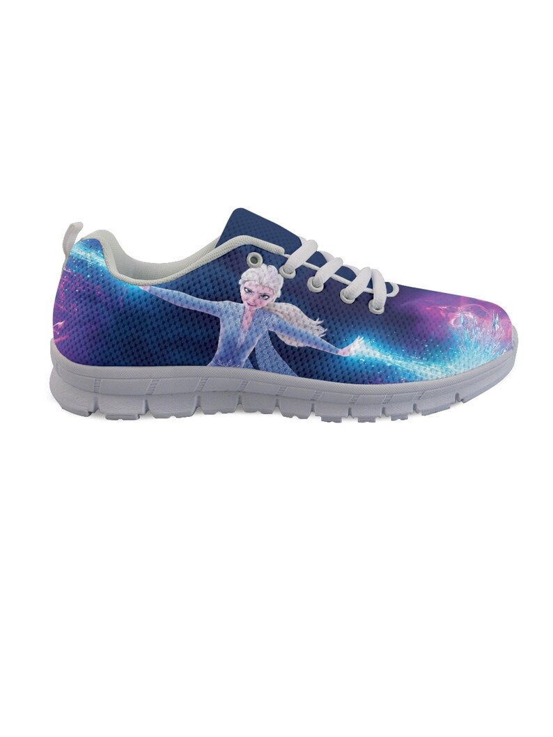 May include: Blue athletic shoe featuring a cartoon image of a character from the movie Frozen. The shoe has a white sole and laces. The upper part of the shoe has a galaxy-themed design with shades of blue, purple, and pink.