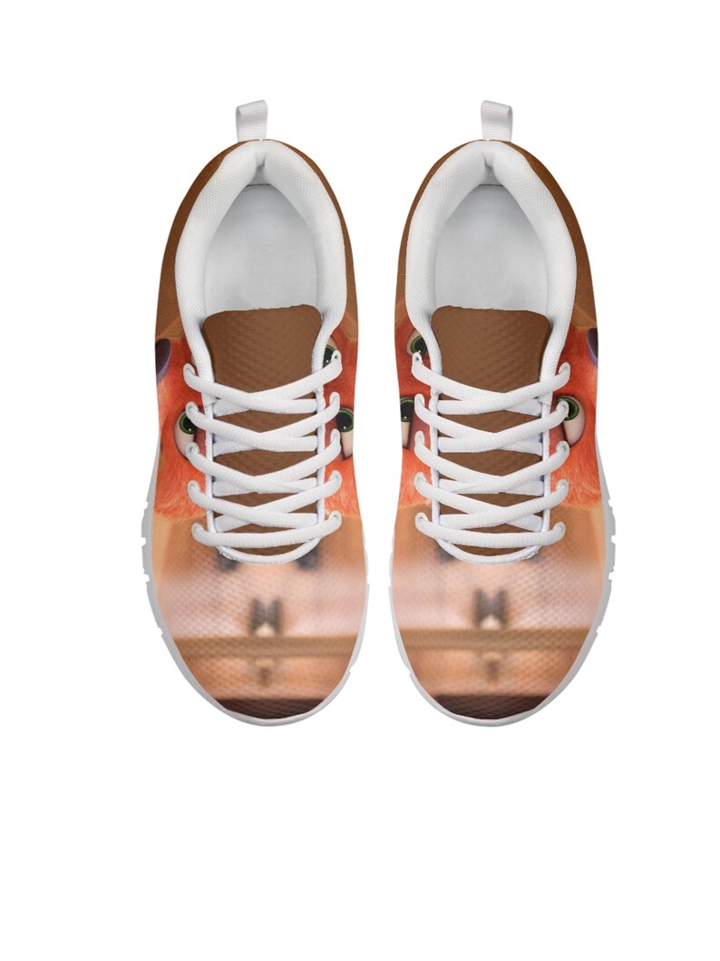 May include: A pair of trainers with a cartoon fox face design. The shoes have white laces, a white sole, and a brown tongue. The fox's face is orange and white, with green eyes.