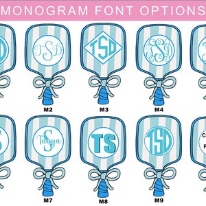 May include: Image showcasing ten monogram fan designs with various fonts and layouts. Each fan features a blue and white striped background, a bow, and a handle. The text "MONOGRAM FONT OPTIONS" is at the top.
