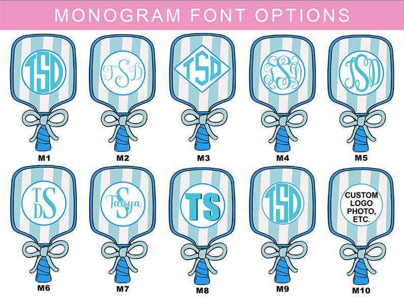May include: Image showcasing ten monogram fan designs with various fonts and layouts. Each fan features a blue and white striped background, a bow, and a handle. The text "MONOGRAM FONT OPTIONS" is at the top.