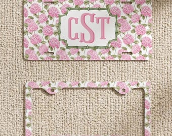 Monogram Pink Hydrangea License Plate and Frame, Personalized Floral Car Decor, Custom Car Accessories for Women, Birthday Gift