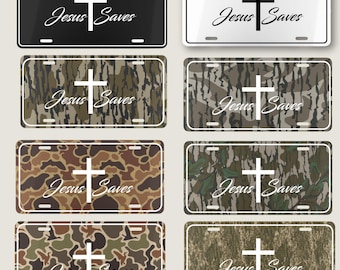 Retro Jesus Saves Camo License Plate, Christian Car Tag, Faith Auto Truck Decor, Vintage Religious Gift for Him Her, Camouflage Vehicle Tag