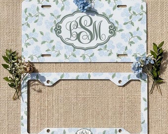 Personalized Floral License Plate Frame, Monogram Blue Hydrangea Car Tag, Car Accessories for Women, Birthday Gift
