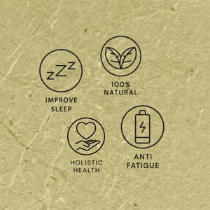 Puede incluir: Fondo beige con cuatro iconos circulares. Los iconos muestran el texto "Mejorar el sue&ntilde;o", "100% natural", "Salud hol&iacute;stica" y "Antifatiga". Cada icono tiene un gr&aacute;fico correspondiente.