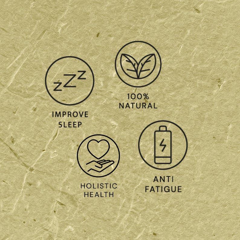 Puede incluir: Fondo beige con cuatro iconos circulares. Los iconos muestran el texto "Mejorar el sue&ntilde;o", "100% natural", "Salud hol&iacute;stica" y "Antifatiga". Cada icono tiene un gr&aacute;fico correspondiente.