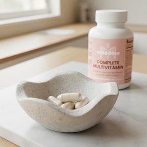 Puede incluir: Una botella blanca de "mitodose COMPLETE MULTIVITAMIN" est&aacute; detr&aacute;s de un peque&ntilde;o cuenco gris claro, similar a una piedra, que contiene varias c&aacute;psulas blancas. La botella tiene una etiqueta rosa con texto blanco. El cuenco est&aacute; sobre una superficie blanca.