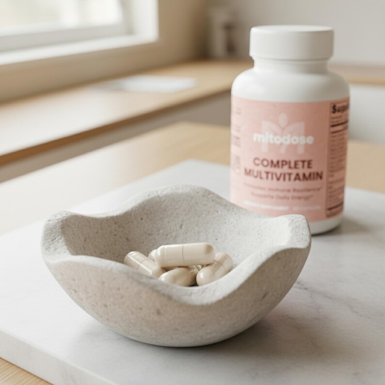 Puede incluir: Una botella blanca de "mitodose COMPLETE MULTIVITAMIN" est&aacute; detr&aacute;s de un peque&ntilde;o cuenco gris claro, similar a una piedra, que contiene varias c&aacute;psulas blancas. La botella tiene una etiqueta rosa con texto blanco. El cuenco est&aacute; sobre una superficie blanca.