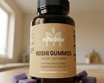 Gomitas de extracto de hongo Reishi para dormir y aliviar el estrés. Contienen L-teanina, raíz de valeriana y sabor a mora.