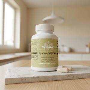 Puede incluir: Una botella blanca de suplemento diet&eacute;tico "mitodose" Ashwagandha con una etiqueta verde claro. Dos c&aacute;psulas beige descansan sobre una piedra cuadrada de color gris claro. La botella est&aacute; sobre una superficie de madera.