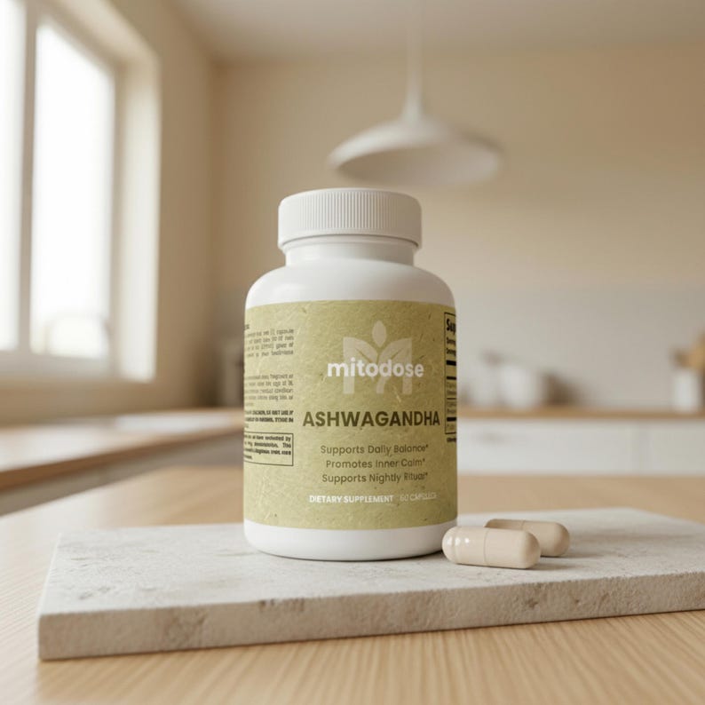Puede incluir: Una botella blanca de suplemento diet&eacute;tico "mitodose" Ashwagandha con una etiqueta verde claro. Dos c&aacute;psulas beige descansan sobre una piedra cuadrada de color gris claro. La botella est&aacute; sobre una superficie de madera.