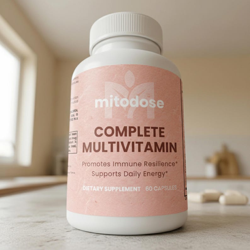 Puede incluir: Una botella de pl&aacute;stico blanco de "mitodose COMPLETE MULTIVITAMIN" suplemento diet&eacute;tico. La etiqueta es rosa claro con texto blanco, promoviendo la resistencia inmunitaria y la energ&iacute;a diaria. La botella contiene 60 c&aacute;psulas.