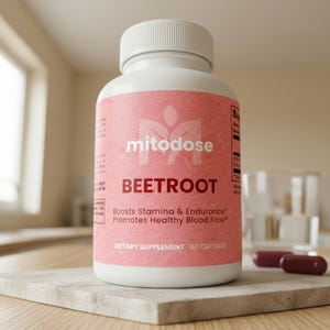 May include: A white bottle of "mitodose" beetroot dietary supplement with a pink label. The label includes the text "BEETROOT" and "Boosts Stamina & Endurance." Two capsules are visible. The bottle is on a stone surface.